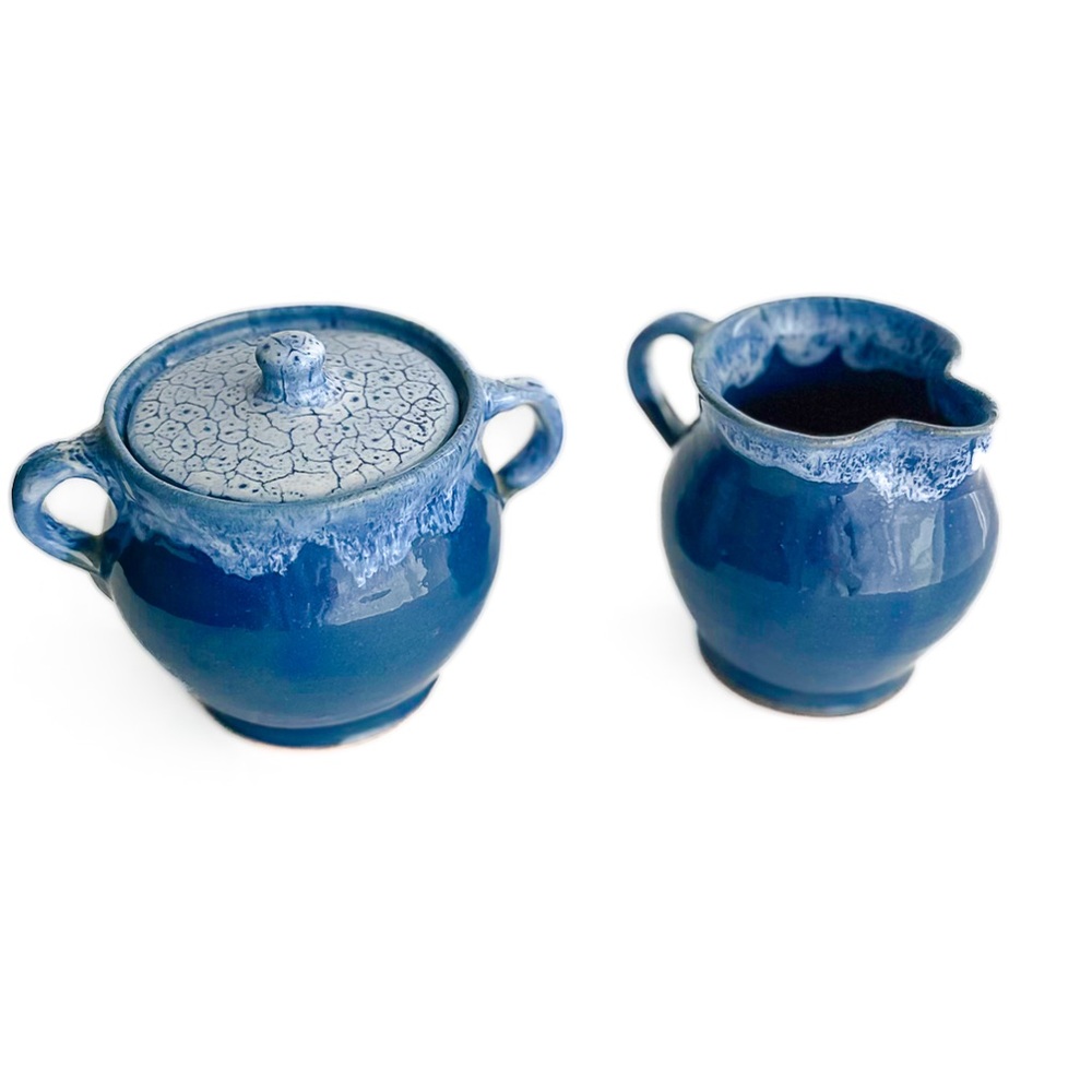 E. J. Brown 1890-1980 Blue Stoneware Cream & Sugar Set Collectible